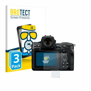Front side of a product packaging with the brand logo BROTECT. Next to it is the device Nikon Z 8 (Display + top plate display
