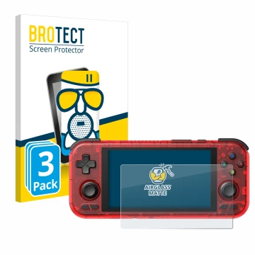 Front side of a product packaging with the brand logo BROTECT. Next to it is the device Retroid Pocket 4 Pro shown with the co