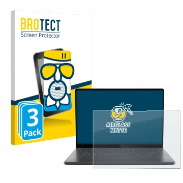 Front side of a product packaging with the brand logo BROTECT. Next to it is the device ASUS ROG Zephyrus G16 2024 shown with 