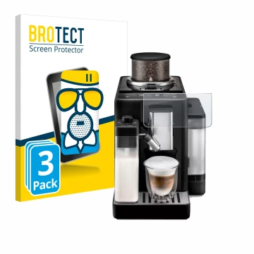 Front side of a product packaging with the brand logo BROTECT. Next to it is the device DeLonghi Rivelia shown with the corres