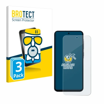 Front side of a product packaging with the brand logo BROTECT. Next to it is the device Samsung Galaxy A55 5G shown with the c
