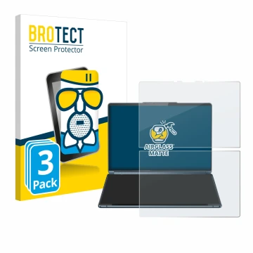 Front side of a product packaging with the brand logo BROTECT. Next to it is the device Lenovo Yoga Book 9i Gen 9 shown with t