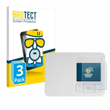 Front side of a product packaging with the brand logo BROTECT. Next to it is the device Canon Selphy CP1500 shown with the cor