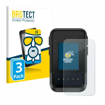 Front side of a product packaging with the brand logo BROTECT. Next to it is the device Garmin eTrex Solar shown with the corr