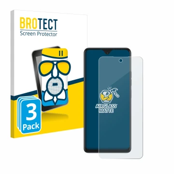 Front side of a product packaging with the brand logo BROTECT. Next to it is the device Tecno Spark 10 Pro shown with the corr
