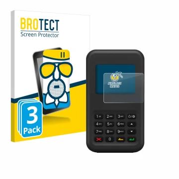 Front side of a product packaging with the brand logo BROTECT. Next to it is the device Shopify WisePad 3 shown with the corre