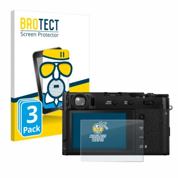 Front side of a product packaging with the brand logo BROTECT. Next to it is the device Fujifilm X100VI shown with the corresp