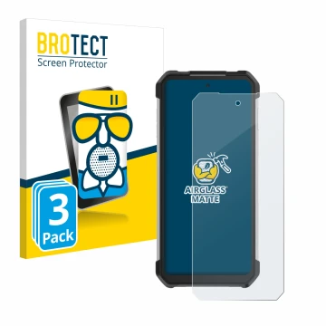 Front side of a product packaging with the brand logo BROTECT. Next to it is the device Unihertz Tank 3 Pro shown with the cor