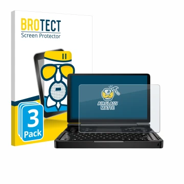 Front side of a product packaging with the brand logo BROTECT. Next to it is the device GPD Win Mini (2024) shown with the cor