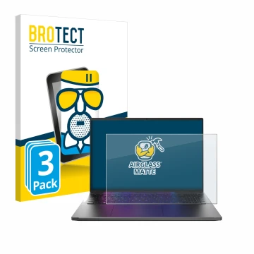 Front side of a product packaging with the brand logo BROTECT. Next to it is the device Acer Swift Go 16 shown with the corres