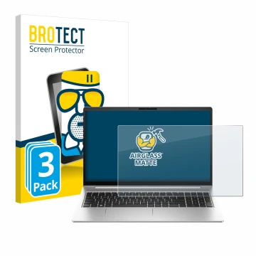 Front side of a product packaging with the brand logo BROTECT. Next to it is the device HP EliteBook 640 G10 shown with the co