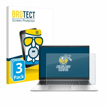 Front side of a product packaging with the brand logo BROTECT. Next to it is the device HP EliteBook 865 G10 shown with the co