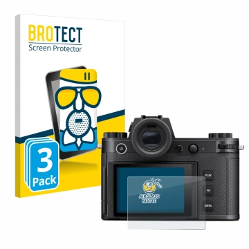 Front side of a product packaging with the brand logo BROTECT. Next to it is the device Leica SL3 shown with the corresponding