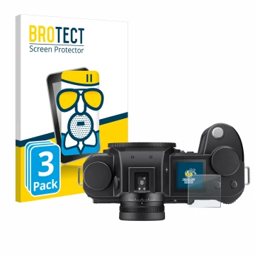 Front side of a product packaging with the brand logo BROTECT. Next to it is the device Leica SL3 (top plate display) shown wi