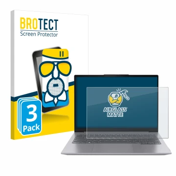 Front side of a product packaging with the brand logo BROTECT. Next to it is the device Lenovo ThinkBook 16 Gen 6 shown with t