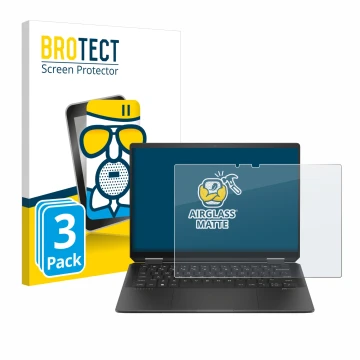 Front side of a product packaging with the brand logo BROTECT. Next to it is the device HP Spectre x360 (14-e) 2024 shown with