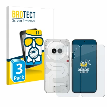 Front side of a product packaging with the brand logo BROTECT. Next to it is the device Nothing Phone (2a) (Front+Back) shown 
