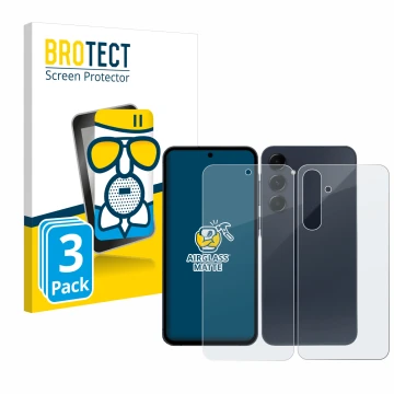 Front side of a product packaging with the brand logo BROTECT. Next to it is the device Samsung Galaxy A55 5G (Front+Back) sho