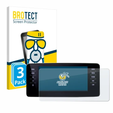 Front side of a product packaging with the brand logo BROTECT. Next to it is the device Skoda Kamiq 2021 shown with the corres