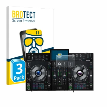 Front side of a product packaging with the brand logo BROTECT. Next to it is the device Denon DJ Prime 2 shown with the corres
