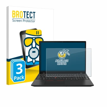 Front side of a product packaging with the brand logo BROTECT. Next to it is the device Lenovo ThinkPad P16s Gen 2 shown with 