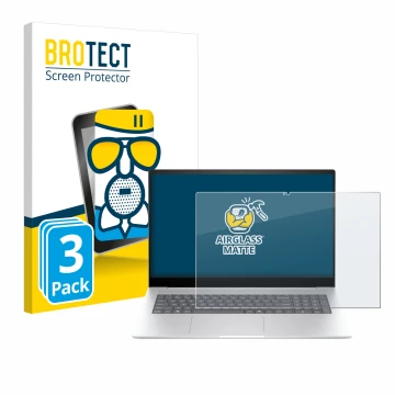 Front side of a product packaging with the brand logo BROTECT. Next to it is the device HP Envy 17 2024 shown with the corresp