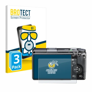Front side of a product packaging with the brand logo BROTECT. Next to it is the device Ricoh GR III HDF shown with the corres