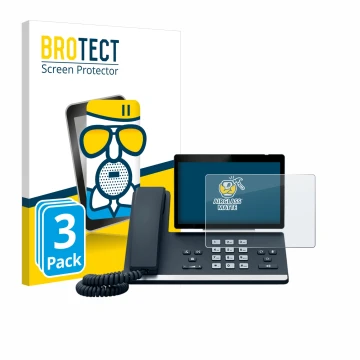 Front side of a product packaging with the brand logo BROTECT. Next to it is the device Yealink SIP-T57W shown with the corres