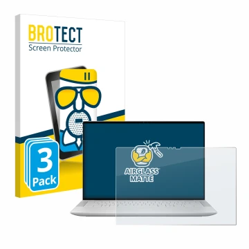 Front side of a product packaging with the brand logo BROTECT. Next to it is the device Dell XPS 14 9440 Touch shown with the 