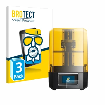 Front side of a product packaging with the brand logo BROTECT. Next to it is the device Anycubic Photon Mono M5s shown with th