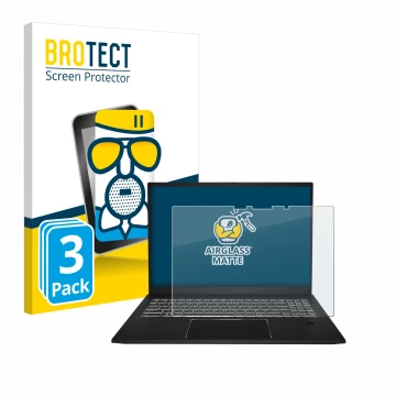 Front side of a product packaging with the brand logo BROTECT. Next to it is the device MSI Summit E16 AI Studio shown with th