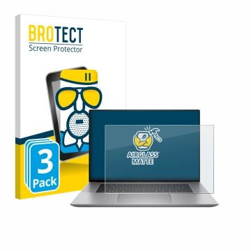 Front side of a product packaging with the brand logo BROTECT. Next to it is the device HP Zbook Studio 16 G10 shown with the 