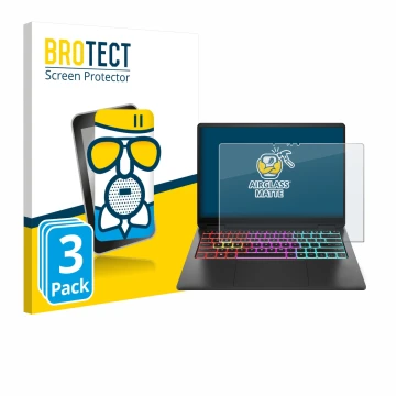 Front side of a product packaging with the brand logo BROTECT. Next to it is the device HP Omen Transcend 14 shown with the co