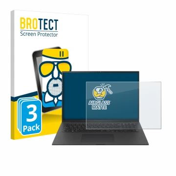 Front side of a product packaging with the brand logo BROTECT. Next to it is the device LG gram Pro 17 2024 shown with the cor