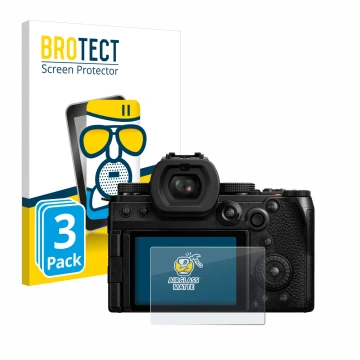 Front side of a product packaging with the brand logo BROTECT. Next to it is the device Panasonic Lumix DC-S5II shown with the