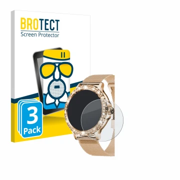 Front side of a product packaging with the brand logo BROTECT. Next to it is the device walkbee Smartwatch 1.3