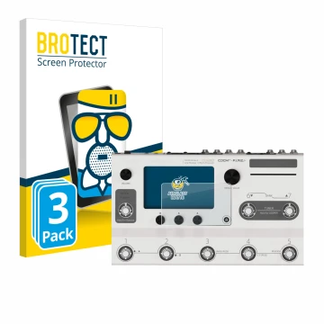 Front side of a product packaging with the brand logo BROTECT. Next to it is the device Hotone Ampero II Stage shown with the 