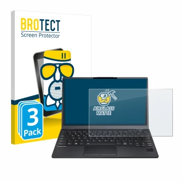 Front side of a product packaging with the brand logo BROTECT. Next to it is the device Fujitsu Lifebook U9312 shown with the 