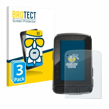 Front side of a product packaging with the brand logo BROTECT. Next to it is the device Wahoo Elemnt Roam V2 GPS shown with th