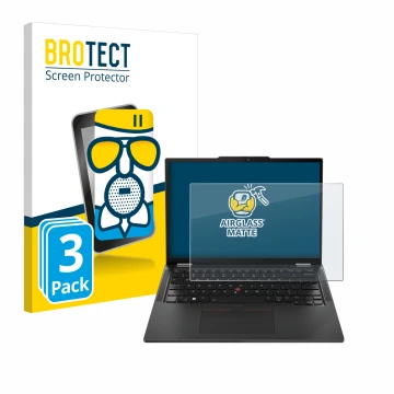 Front side of a product packaging with the brand logo BROTECT. Next to it is the device Lenovo ThinkPad X13 Gen 5 shown with t