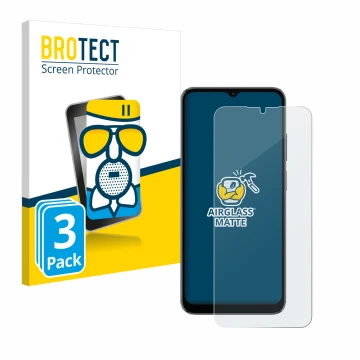 Front side of a product packaging with the brand logo BROTECT. Next to it is the device Blackview A52 Pro shown with the corre