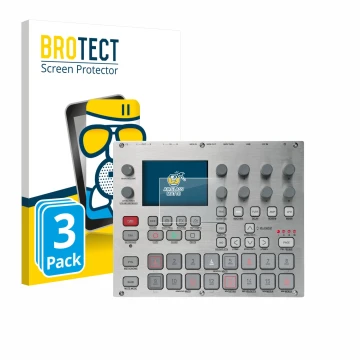 Front side of a product packaging with the brand logo BROTECT. Next to it is the device Elektron Syntakt E25 Remix Edition sho