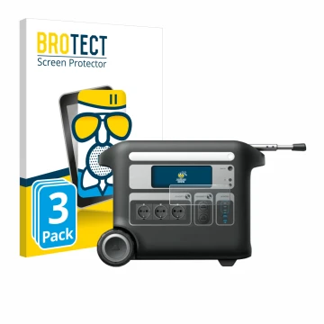 Front side of a product packaging with the brand logo BROTECT. Next to it is the device Anker SOLIX F2000 shown with the corre
