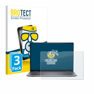 Front side of a product packaging with the brand logo BROTECT. Next to it is the device Dell Latitude 9450 2-in-1 shown with t