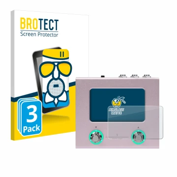 Front side of a product packaging with the brand logo BROTECT. Next to it is the device Hotone Ampero Mini shown with the corr
