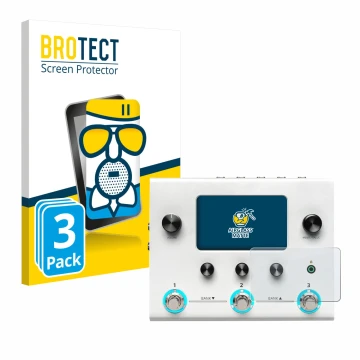 Front side of a product packaging with the brand logo BROTECT. Next to it is the device Hotone Ampero II Stomp shown with the 
