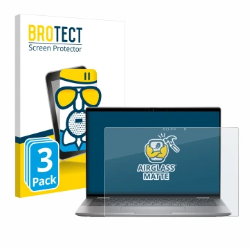 Front side of a product packaging with the brand logo BROTECT. Next to it is the device Dell Latitude 7450 2-in-1 shown with t