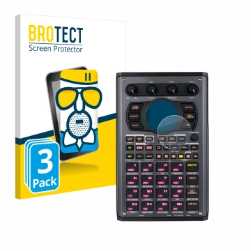 Front side of a product packaging with the brand logo BROTECT. Next to it is the device Roland SP-404MKII shown with the corre