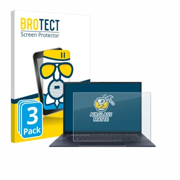 Front side of a product packaging with the brand logo BROTECT. Next to it is the device ASUS ExpertBook B9 B9403 shown with th