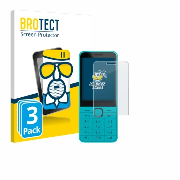 Front side of a product packaging with the brand logo BROTECT. Next to it is the device Nokia 235 4G (2024) shown with the cor